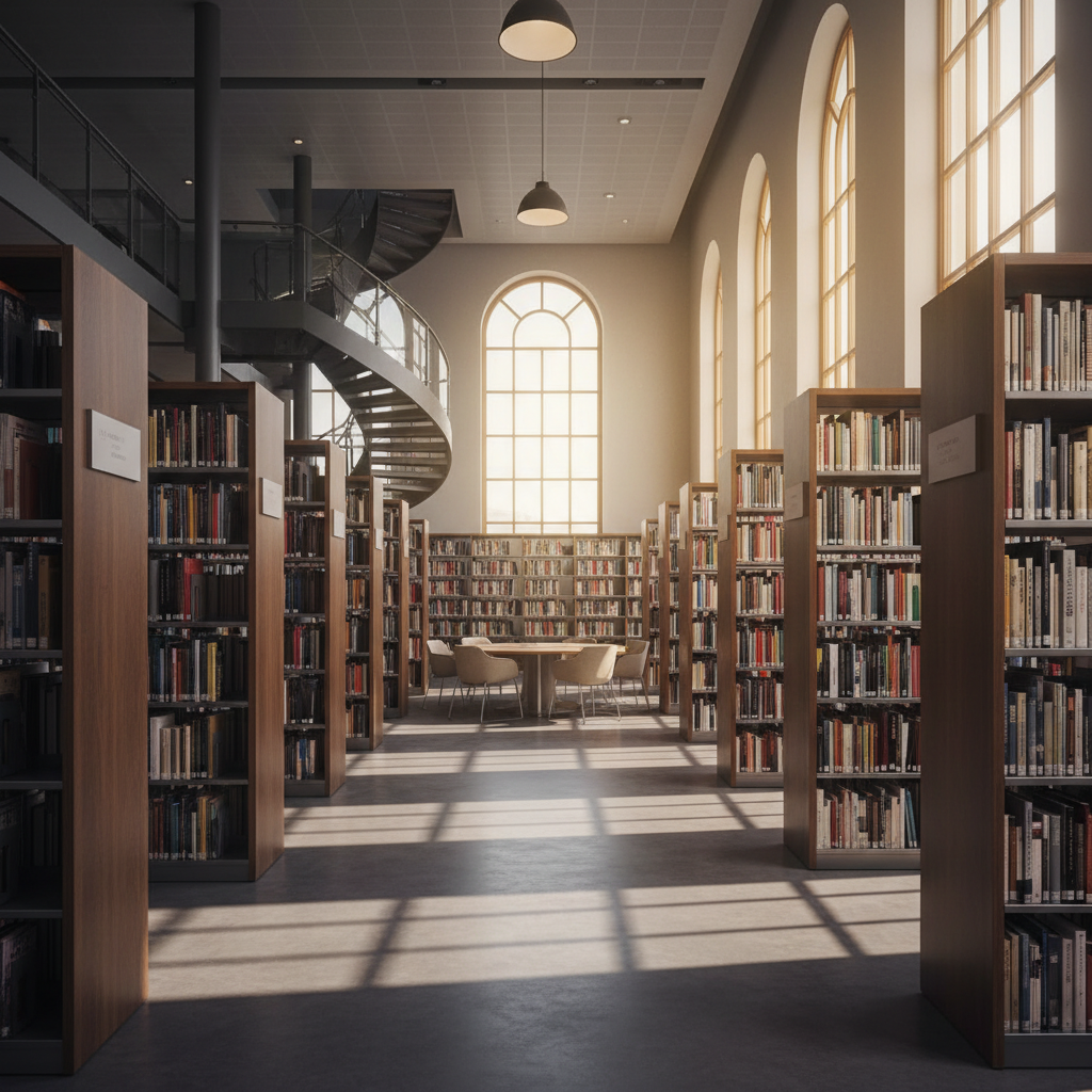Bibliothèque moderne avec rangées de livres et lumière naturelle traversant de hautes fenêtres, symbolisant la recherche du savoir, la structure et la rigueur intellectuelle