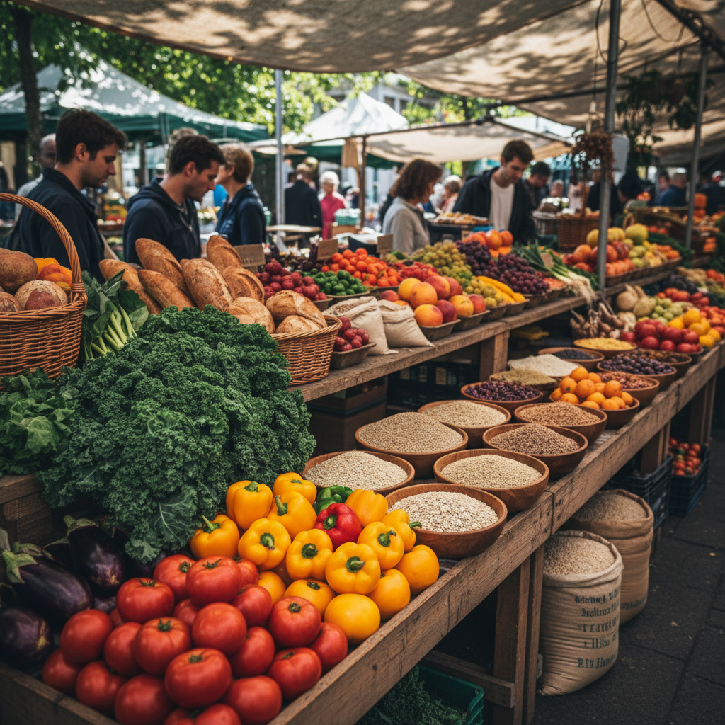 Étal de marché avec légumes de saison variés, céréales complètes et fruits colorés, représentant la diversité et la richesse d'une alimentation équilibrée
