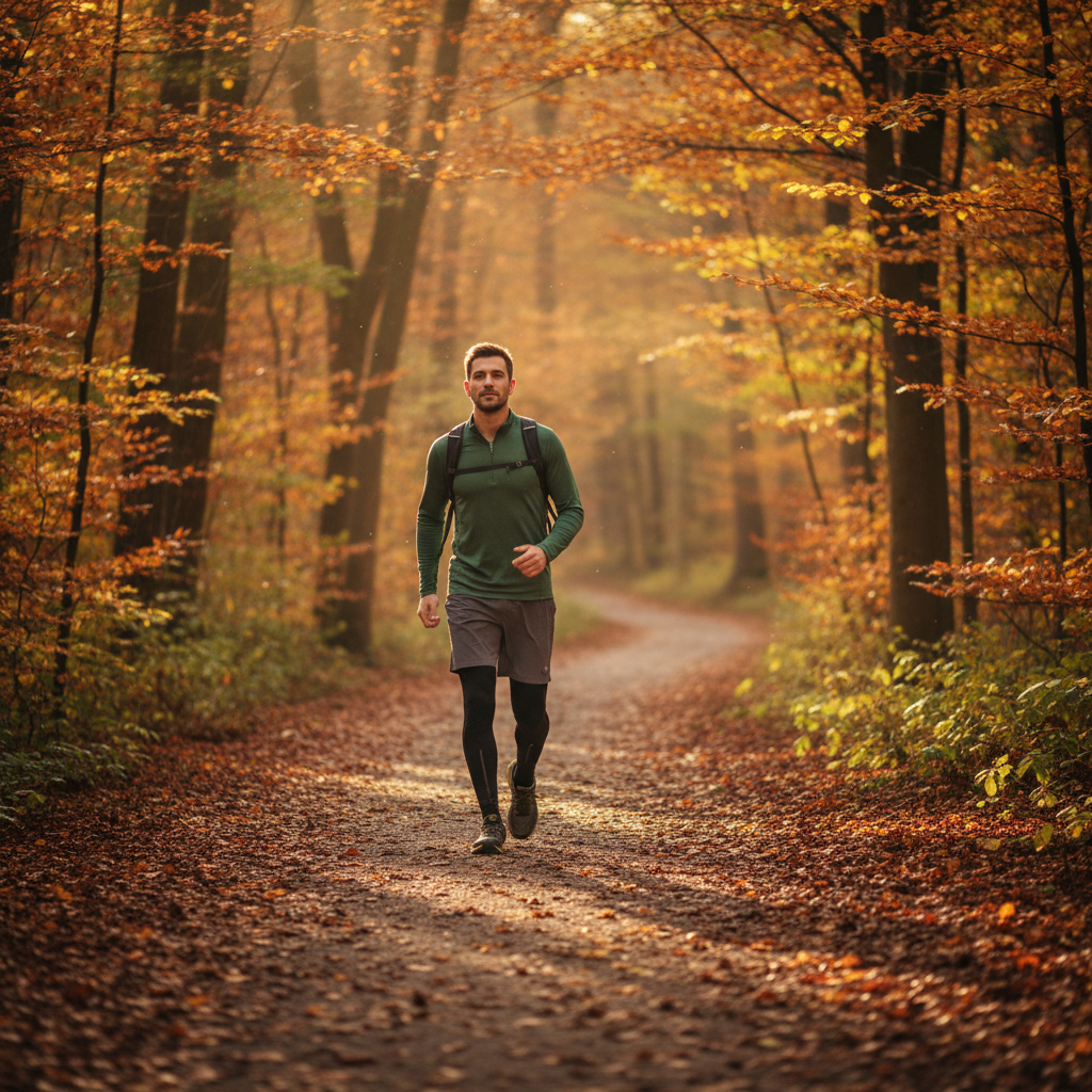 Homme marchant à pas vifs sur un sentier forestier au lever du soleil, entouré d'arbres aux couleurs automnales, illustrant un mode de vie actif et régulier en plein air