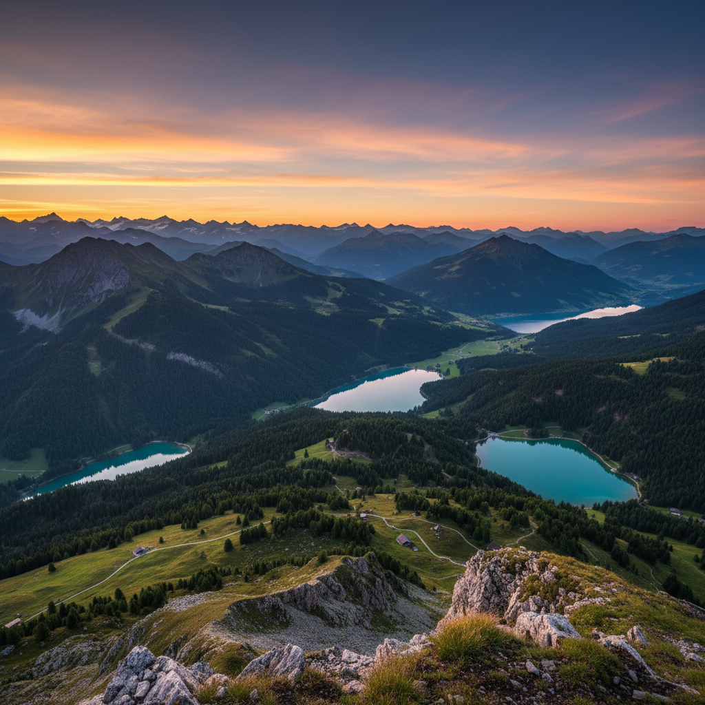 Vue panoramique depuis un sommet alpin sur un paysage suisse de forêts et de lacs au coucher du soleil, image évocatrice d'exploration et de profondeur
