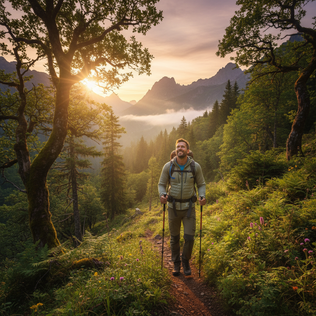 Homme pratiquant une randonnée en montagne dans une forêt verdoyante au lever du soleil, illustrant un mode de vie actif et équilibré