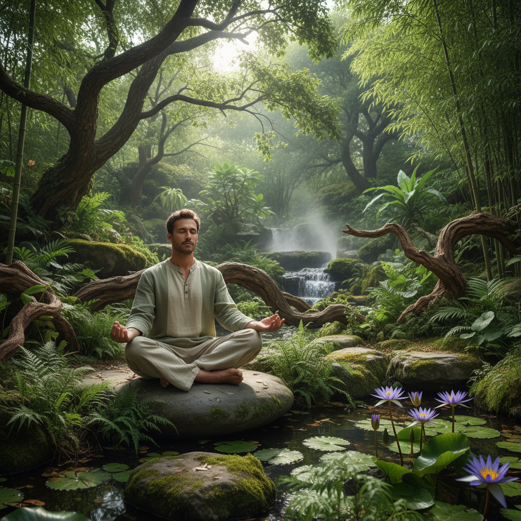 Homme assis en posture de méditation dans un jardin calme entouré de végétation naturelle, illustrant la pratique de la pleine conscience