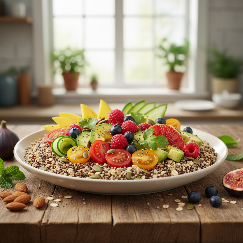 Bol de céréales complètes, fruits frais et légumes colorés disposés sur une surface en bois naturel, représentant une alimentation variée et équilibrée