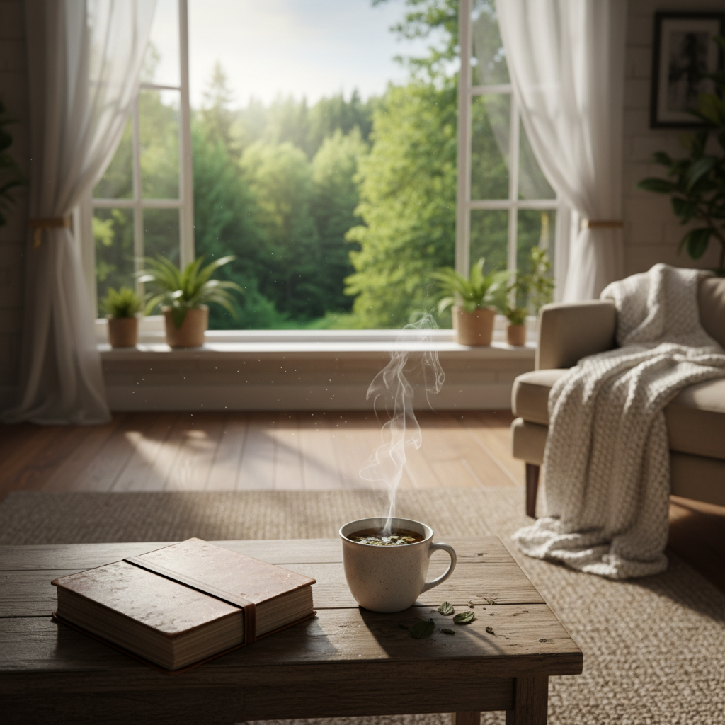Intérieur cosy avec une fenêtre ouverte sur une vue forestière, livre ouvert et tasse de tisane sur une table en bois, évoquant le repos conscient et la récupération
